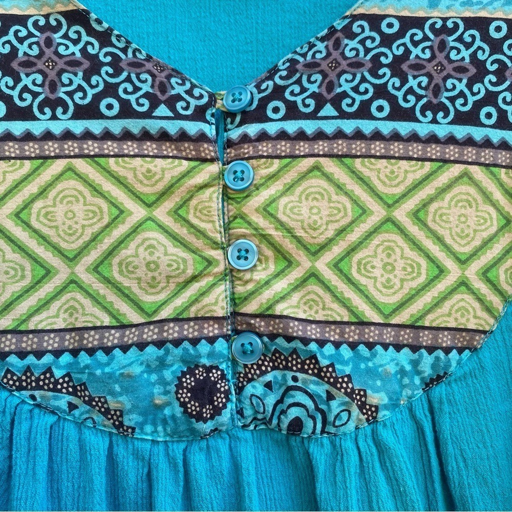 Vintage Dress S Turquoise/Blue 100% Cotton Flowy Boho Midi Short Sleeve S - Picture 5 of 13